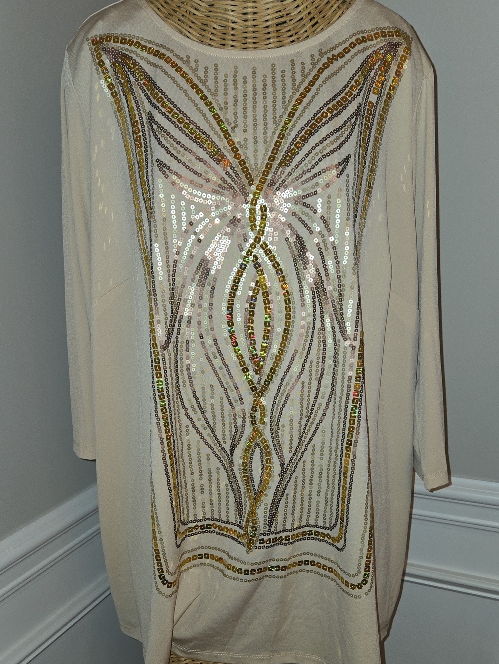 Bob Mackie Cream Long Sleeve Sequin-Embellished Top